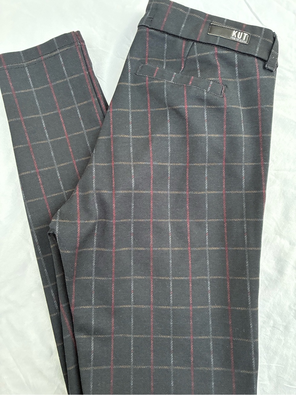 Kut from the Kloth Gray Plaid Trousers with Red Pinstripes